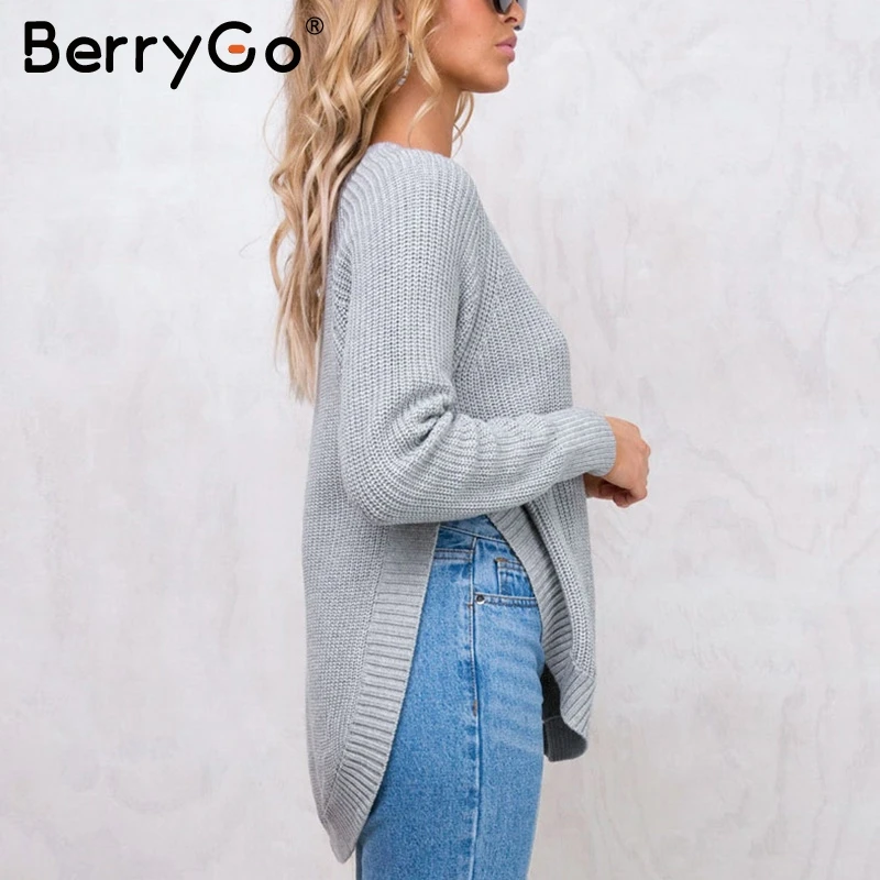 BerryGo Casual streetwear autumn winter sweater women 2017 elegant warm jumper pull femme Fashion side split knitting pullover | Женская