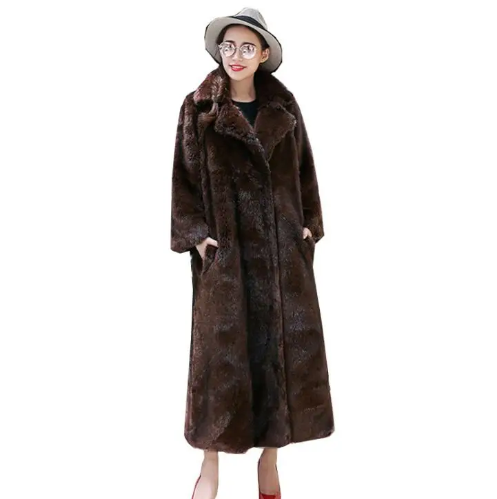 Autumn faux mink leather jacket womens coats winter thicken warm fur leather long trench coat women slim jackets fashion brown