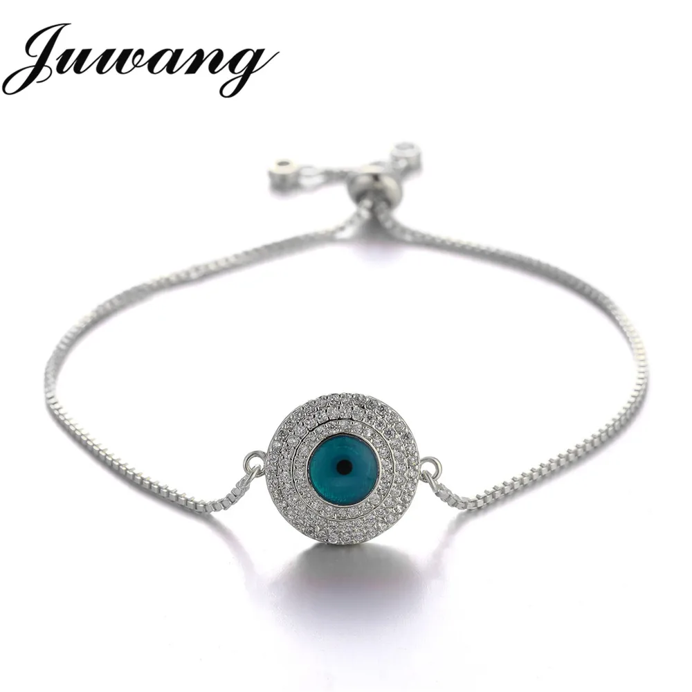 

JUWANG Luxury Round Green Evil Eye Charm Bracelets for Woman Elegant Cubic Zirconia Copper Gold Color Chain Adjustable Bracelet