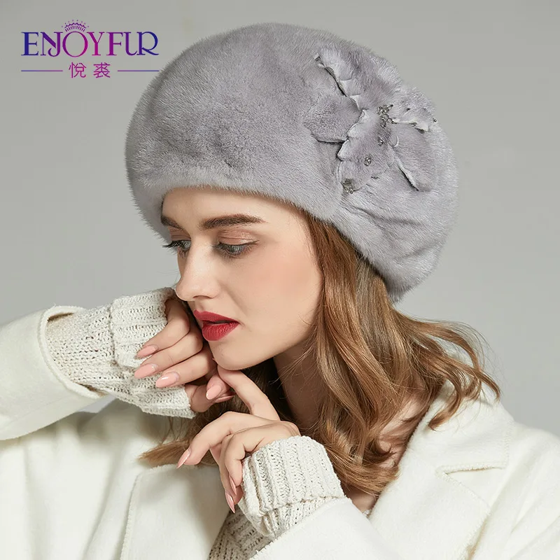 Женская меховая шапка ENJOYFUR, теплая шапочка-берет из цельного куска натурального меха норки с цветком на зиму - Цвет: M06