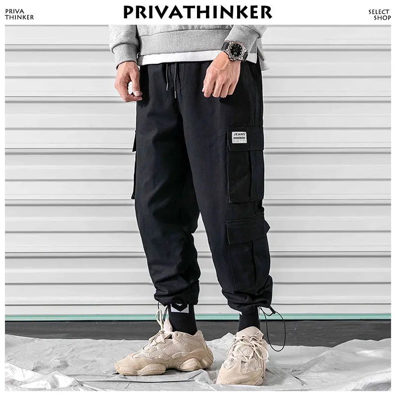 Брюки карго Privathinker черные с карманами для мужчин 2020 Японская уличная