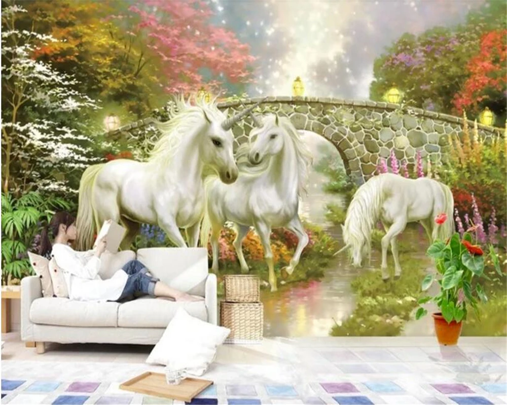 beibehang wall papers home decor Dream personality fashion silk cloth stereo 3d wallpaper fairyland unicorn TV background behang |