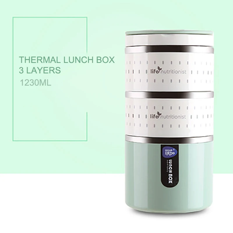 Green 3layer BAISPO 304 Stainless Steel Insulated Lunch Box Food Containers Kids Bento Box Large Capacity Vacuum Insulation Barrel 12 Hours - Цвет: Green 3layer
