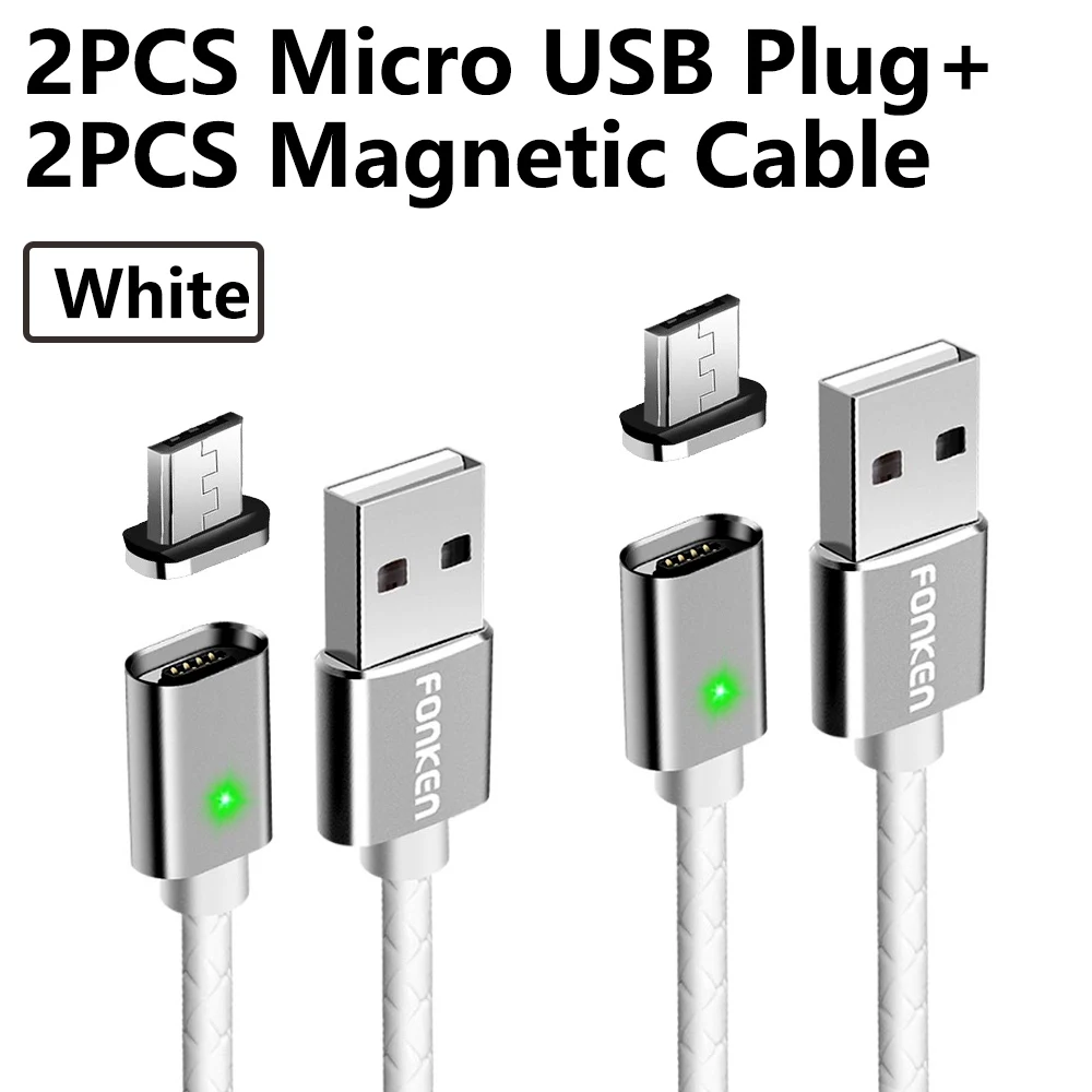 2 Plug 2 white cable Магнитный кабель Micro USB FONKEN, магнитный кабель Mini USB для зарядки телефона, быстрое зарядное устройство, светодиодный шнур для быстрой зарядки, кабели для синхронизации данных - Цвет: 2 Plug 2 white cable