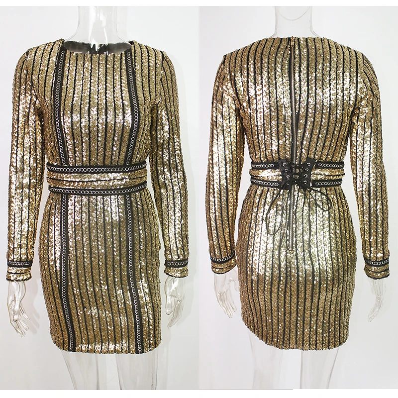 Пояса облегающие полосатые блестками золотые мини-платья с круглым вырезом туго