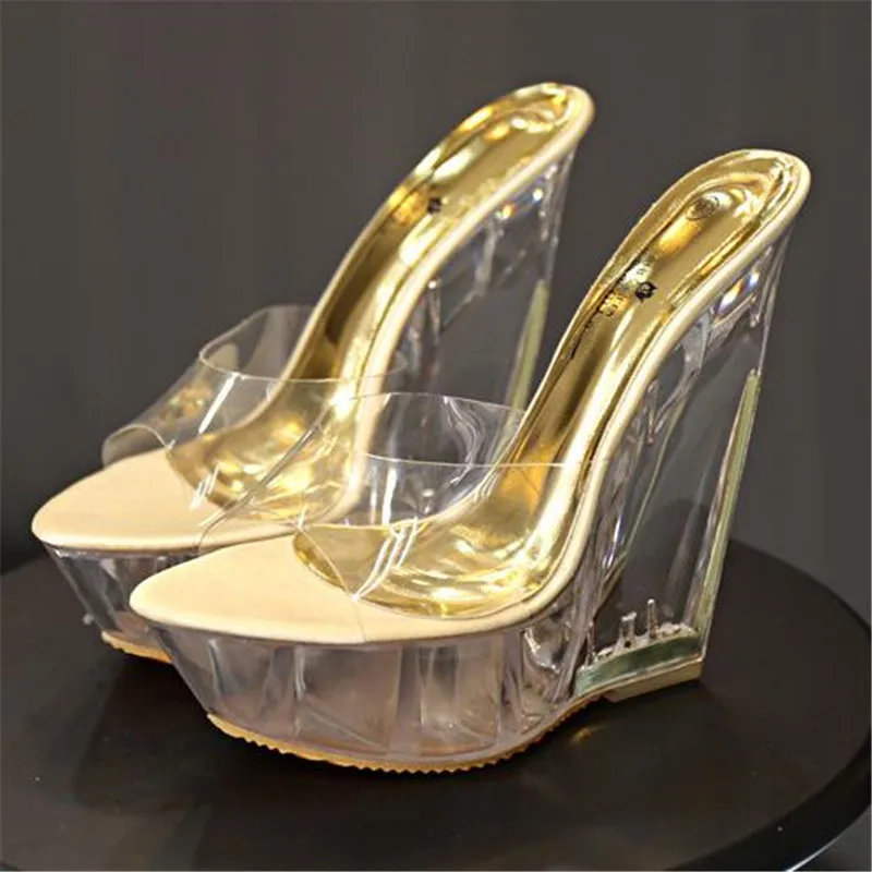 

FeiYiTu High Quality Women Slippers Summer Transparent Crystal Model Catwalk Wedding Shoes High-heeled 14cm Wedges shoes