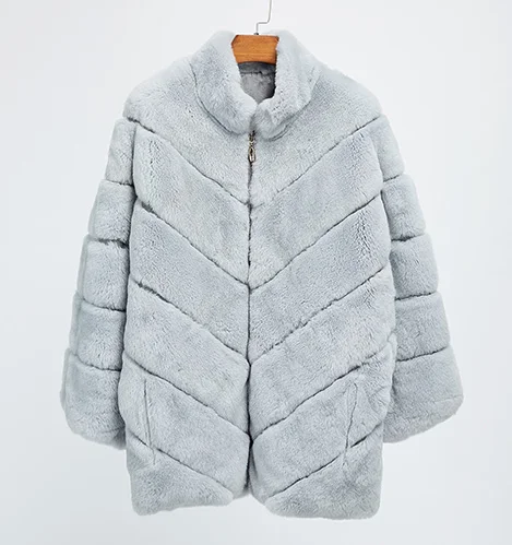 Light Blue Maylofuer Настоящий рекс кролика летучая мышь пальто полный пелт с длинными рукавами воротник стойка женщины натуральный мех кролика куртки с молнией - Цвет: Light Blue
