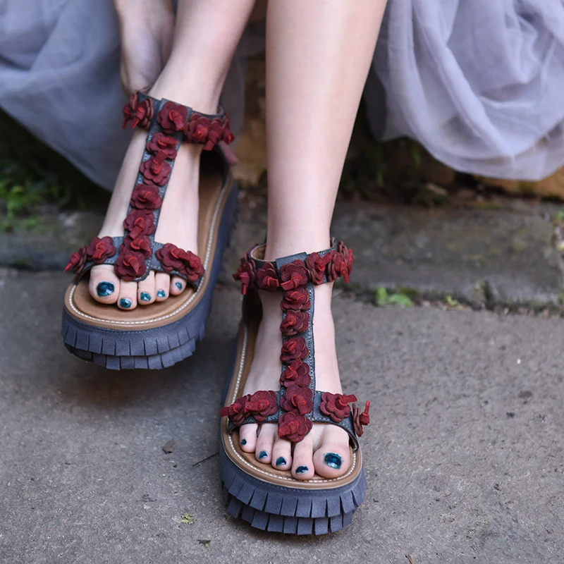Му новый оригинальный стиль ретро цветы ручной работы кистями сандалии женская