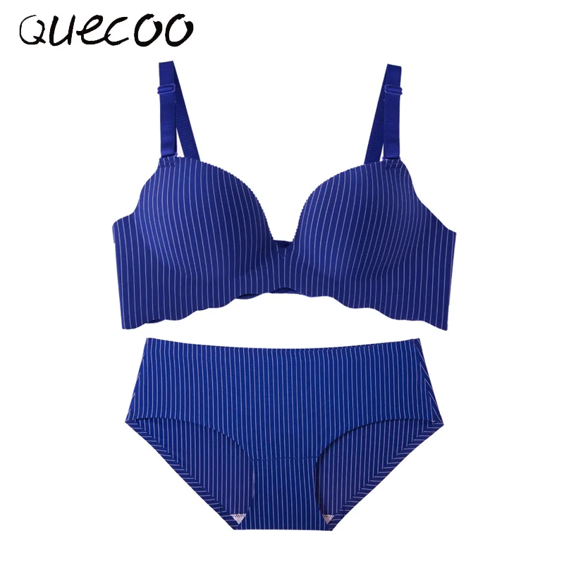 QUECOO 2017 new non-steel ring piece seamless deep V gather stripes girl bra sexy lingerie set underwear | Женская одежда