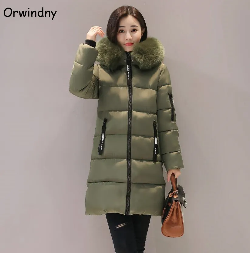 green Orwindny, толстая, теплая зимняя куртка, женская, тонкая, модная, с буквенным принтом, женские парки, с капюшоном, с большим меховым воротником, размера плюс M-3XL, хлопковое пальто - Цвет: green