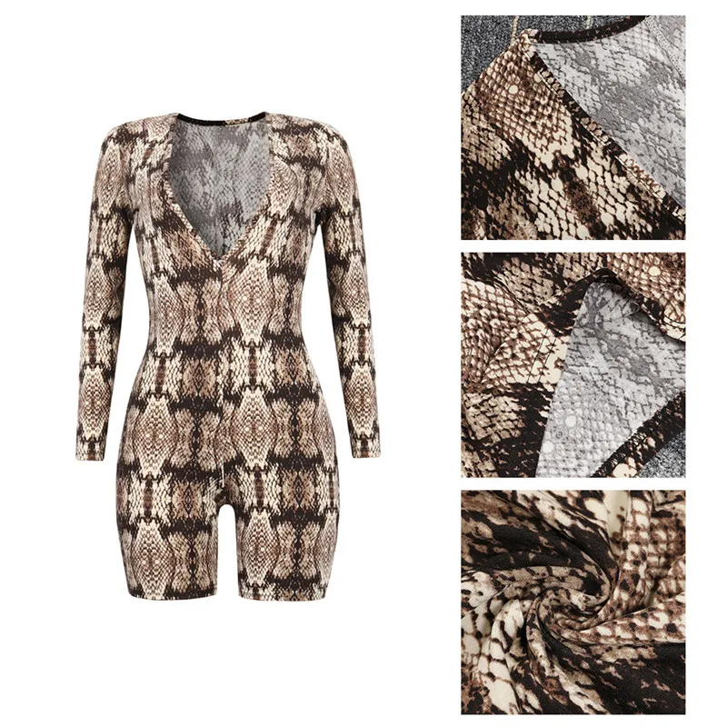

Adogirl Sexy Snake skin Print Bodycon Playsuit Women Summer V Neck Long Sleeve Slim Playsuit Night Club Romper Overalls Outfits