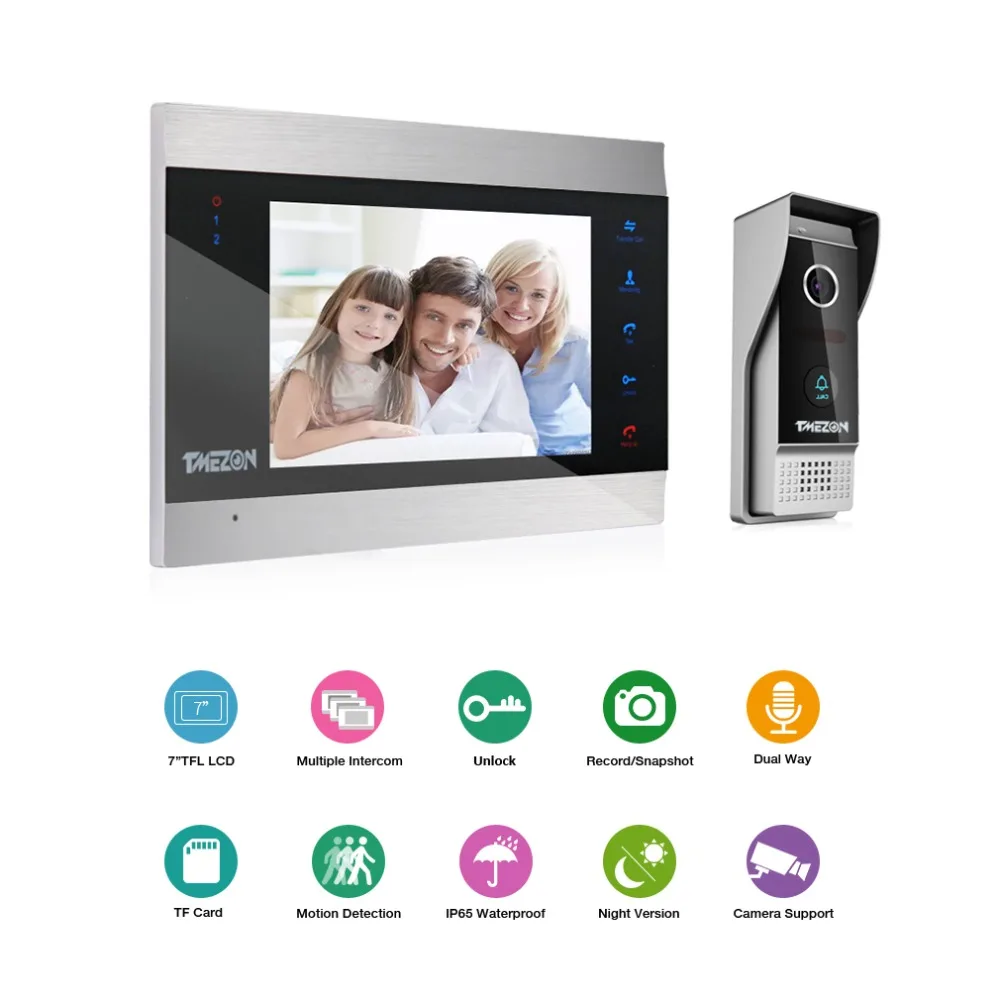 TMEZON 7 Inch TFT Wired Smart Video Door Phone Intercom System with 3 Night Vision Monitor + 2x1200TVL Rainproof Doorbell Camera enlarge
