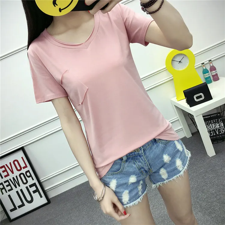 Женская футболка с v-образным вырезом Однотонная логотипом на заказ и карманом