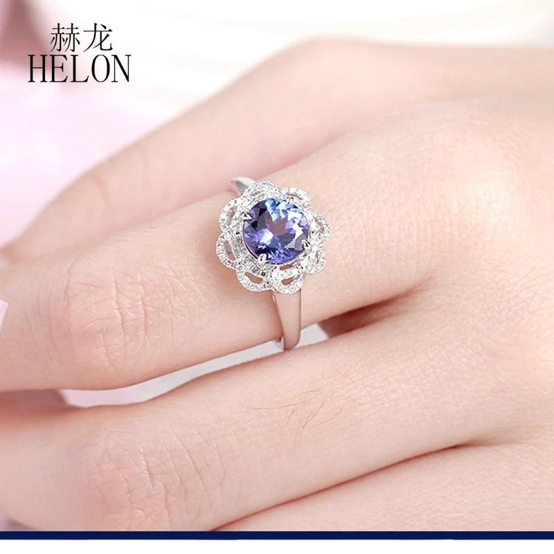 HELON 7 мм Синий танзанит 0.2ct бриллианты Твердые 14 К(AU585) белое золото обручальное Обручальное кольцо Модные ювелирные изделия элегантный уникальный подарок