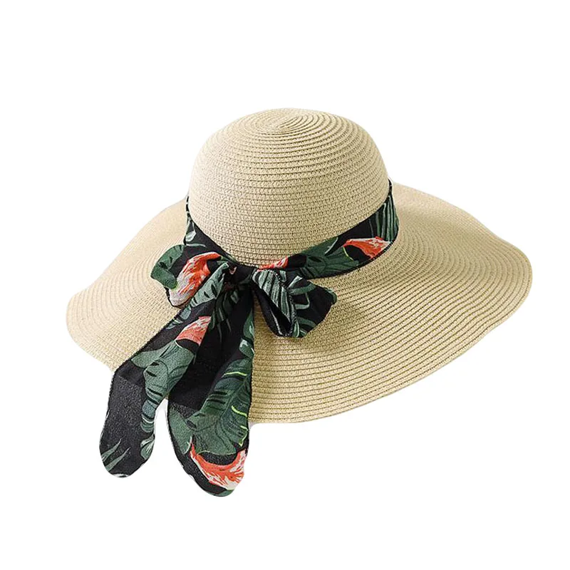

SUOGRY 2018 Elegant Women Summer Temperament Straw Hat Chiffon Ribbon Lace-Up Beach Caps Fashion Ladies Panama Sun Hat