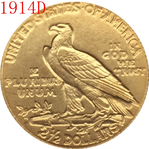 Позолоченное золото 24 K 1914-D 2 5 долларов США индийская половина монета с