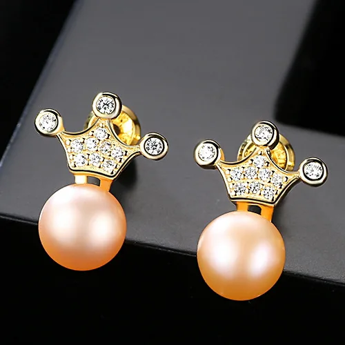 S925 Silver Earrings Stud Engagement 7-7.5mm Natural Freshwater Pearl Jewelry Korean Crown Female Wedding Pearls | Украшения и