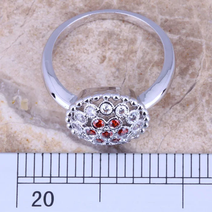 Необычный белый CZ красный гранатовый серебряное покрытие женское кольцо Размер