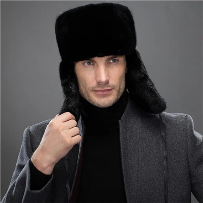 Black IANLAN Модные мужские импортные шапки-бомберы из натурального меха норки, зимние ветрозащитные шапки с наушниками, однотонные шапки в русском стиле, шапка IL00245 - Цвет: Black