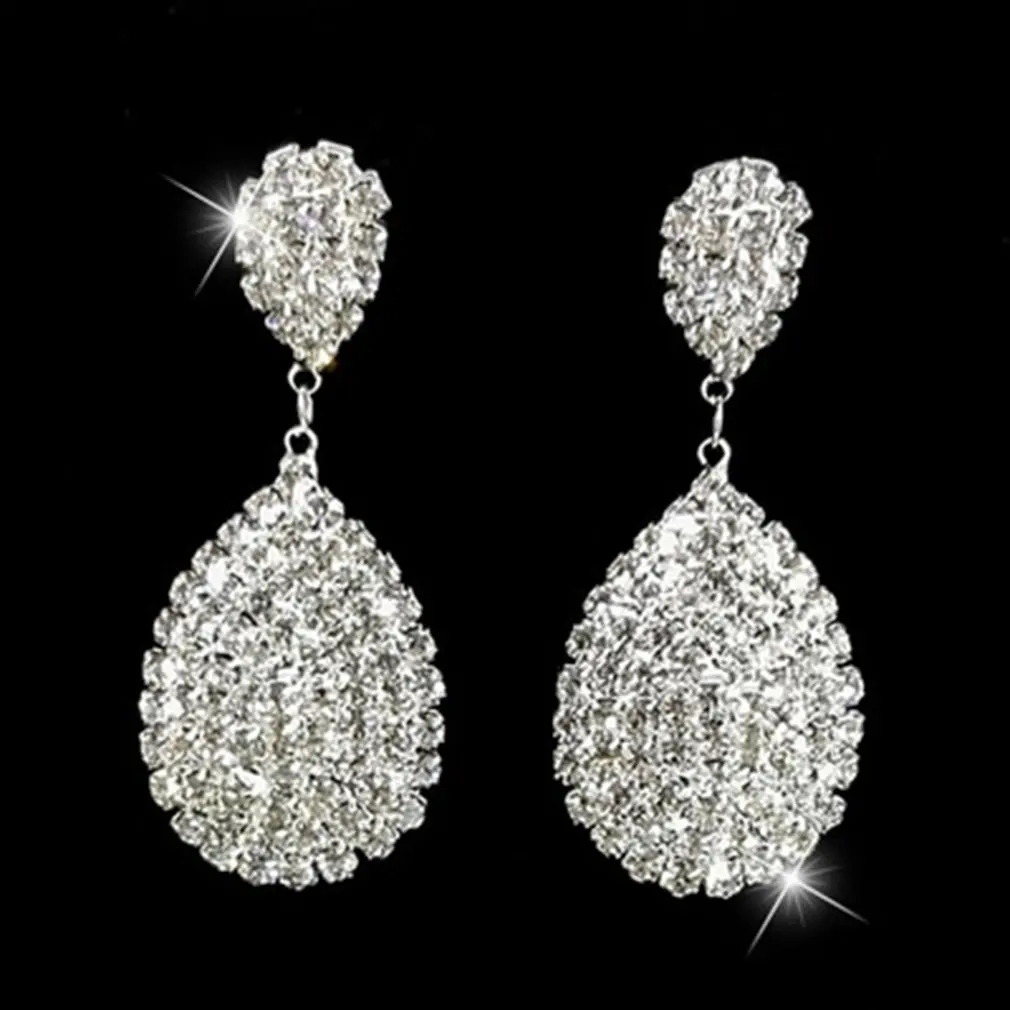 Серебряные висячие серьги в форме капли с полными кристаллами блестящие