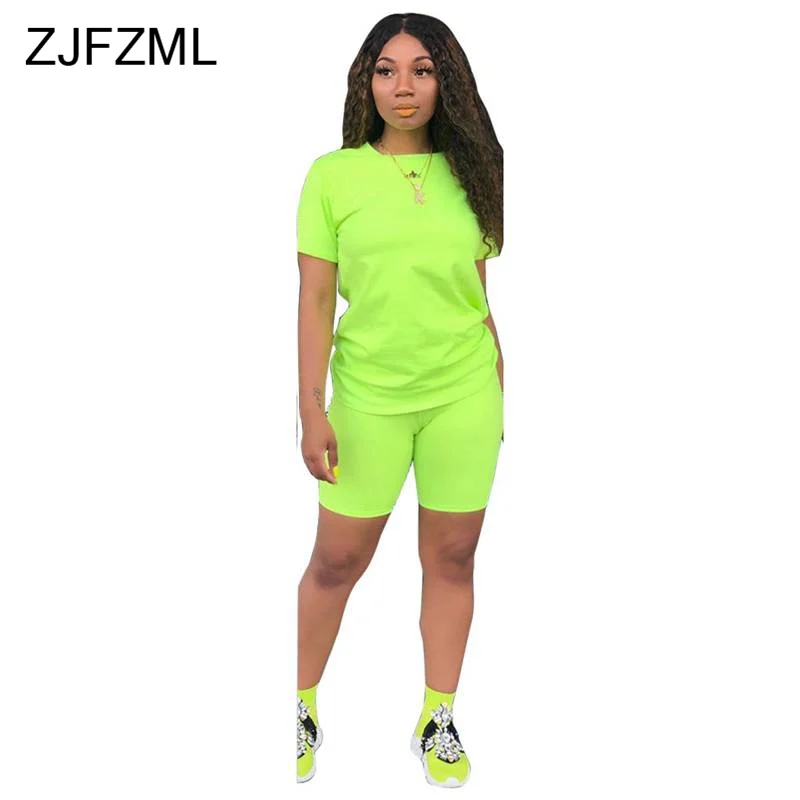 Повседневная неоновая зеленая летняя одежда из 2 предметов для женщин футболка с