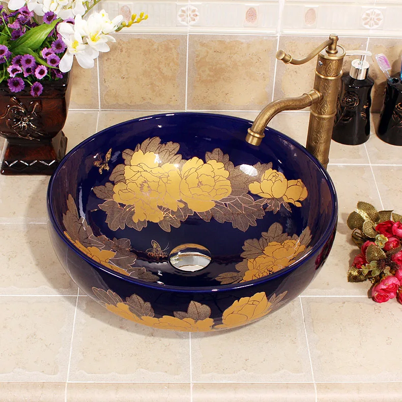 

China Painting peony Ceramic Painting Art Lavabo Bathroom Vessel Sinks Round counter top color wash basin