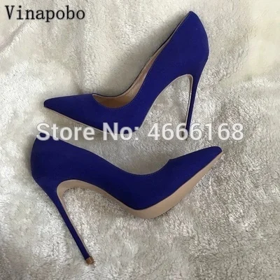 12cm heel Реальные фотографии, замшевые туфли с острым носком на шпильках под платье синие туфли-лодочки туфли без застежки на высоком каблуке 12, 10, 8 см, вечерние, свадебные туфли - Цвет: 12cm heel