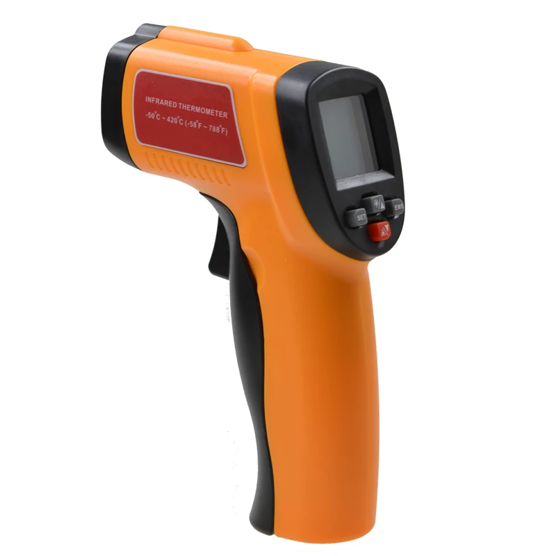 

LCD Digital IR Infrared Thermometer -50~420 Celsius(-58F-788F) Emissivity:0.1to1.00 Adjust Non-Contact Laser Temperature Tester