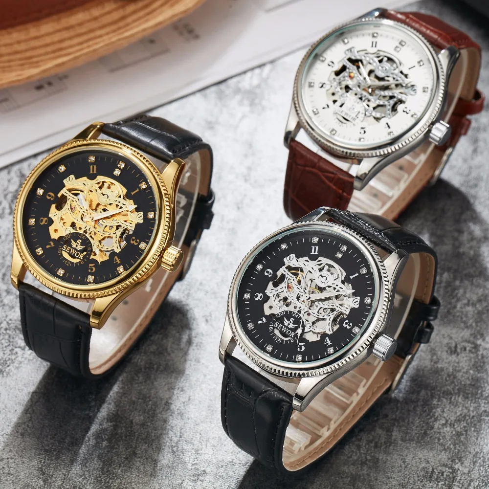 SEWOR механические Автоматические часы для мужчин с кожаным скелетом Mecanico