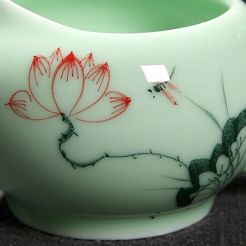 Набор чайных чашек Longquan celadon, ручная роспись, набор чайных чашек кунг-фу, рыба, цветок лотоса, чайный набор, керамика, китайский стиль, домашний чайный набор