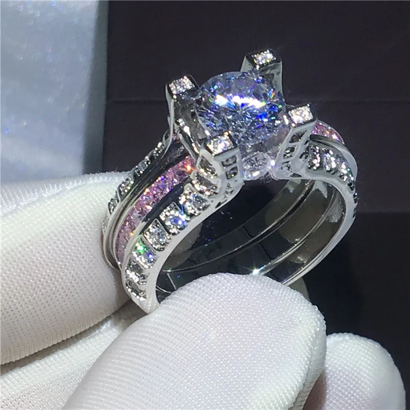 

Handmade 2-in-1 Engagement Wedding Band Rings for women Pink AAAAA zircon cz White Gold Filled Female Bridal sets ring Jewelry