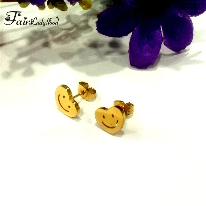 FairLadyHood Stud Earrings For Women Girls Stainless Steel Heart Shape Smile Face Women's Jewelry Gift | Украшения и
