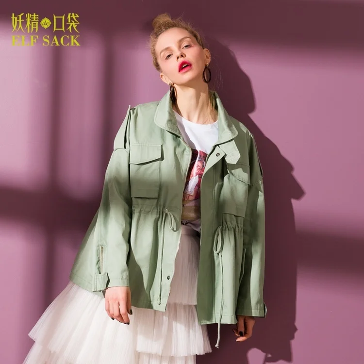 Green ELFSACK, женская брендовая одежда, однотонный Тренч, пальто с длинным рукавом и талией, Свободная рабочая верхняя одежда, женские пальто, тренчи, Женское пальто OL - Цвет: Green