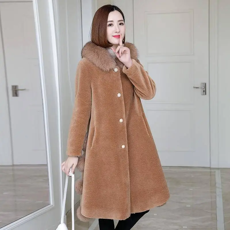 

Women Winter Luxury Real Fox Fur Collar Coat Slim Elegant Warm Wool Sheep Shearing Fur Long Overcoat Genuine Coats Manteau M49