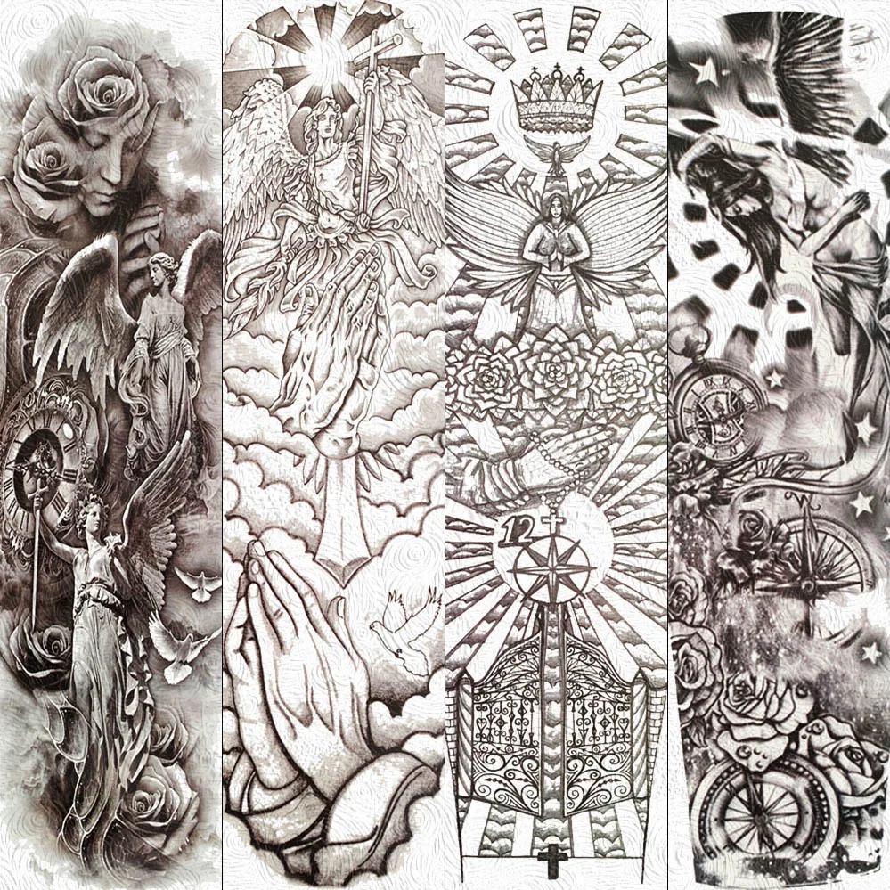 FANRUI Goddess Of Wisdom Athena Temporary Tattoos Full Arm Black Sun God Tattoo Sticker Long Flowers Water Transfer Fake Tatoos | Красота и
