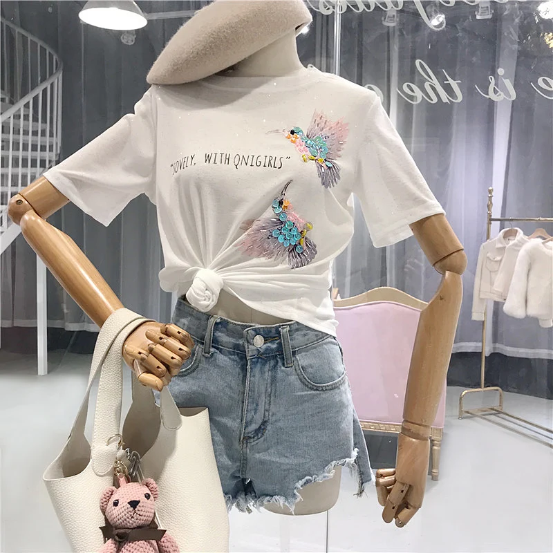 Женская футболка с круглым вырезом Повседневный пуловер бисером и блестками A171