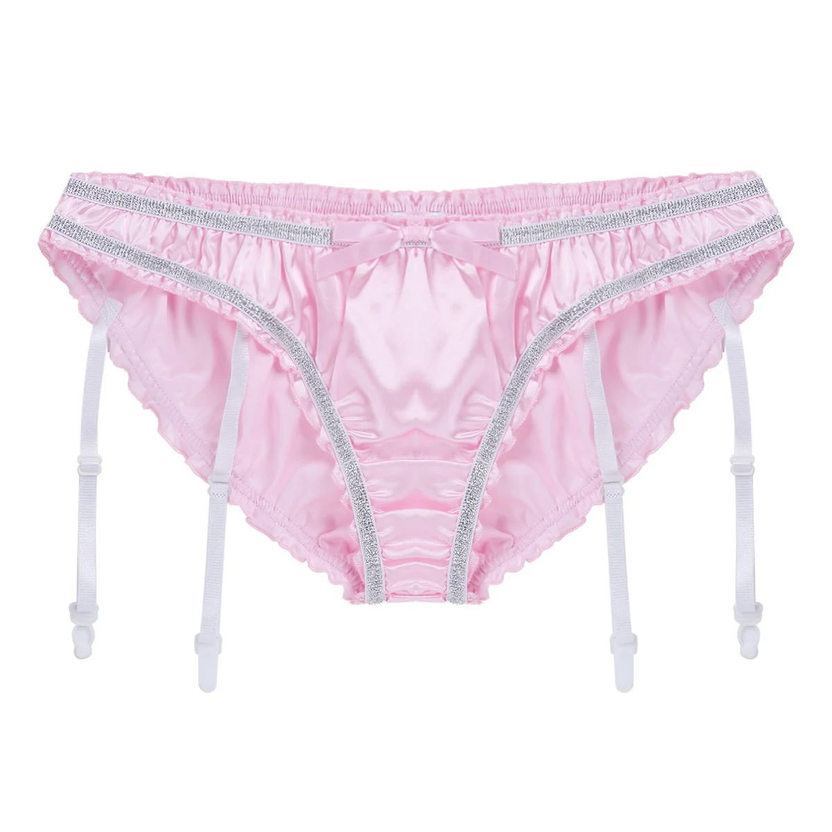 Pink Мужские трусы, бантики, бикини, эластичные атласные трусы, нижнее бельё с подвязками, блестящие гофрированные стринги с бантиком, Гей Нижнее белье - Цвет: Pink