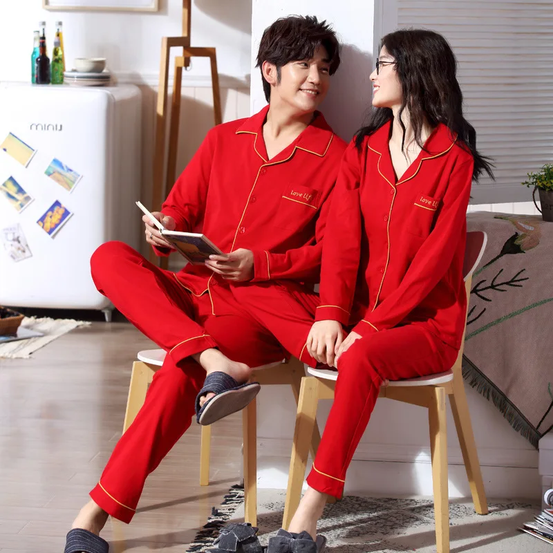 

Women and men autumn and winter cotton couple pajamas long sleeve trousers cardigan Korean red wedding women and men pajama sets