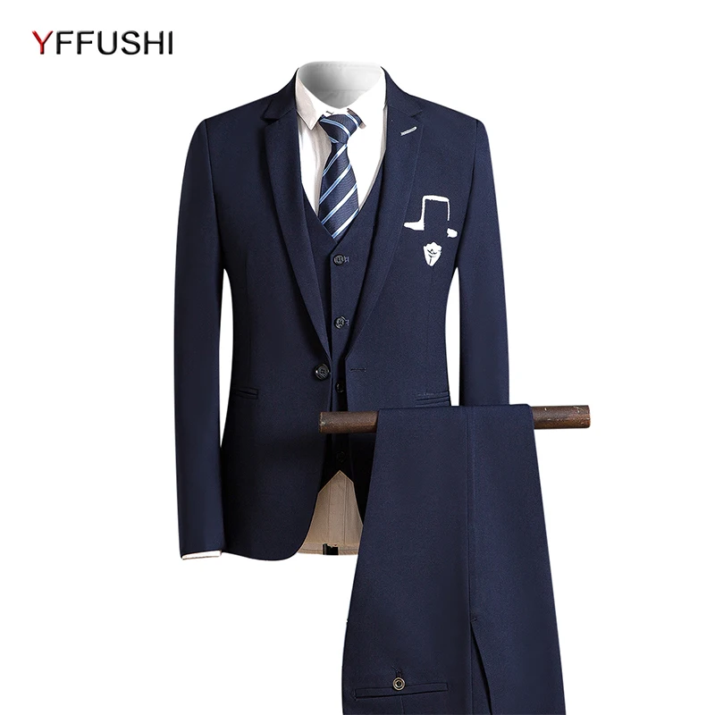 Yffushi Роза Вышивка мужской костюм Slim Fit Свадебные Бизнес носить формальный черный