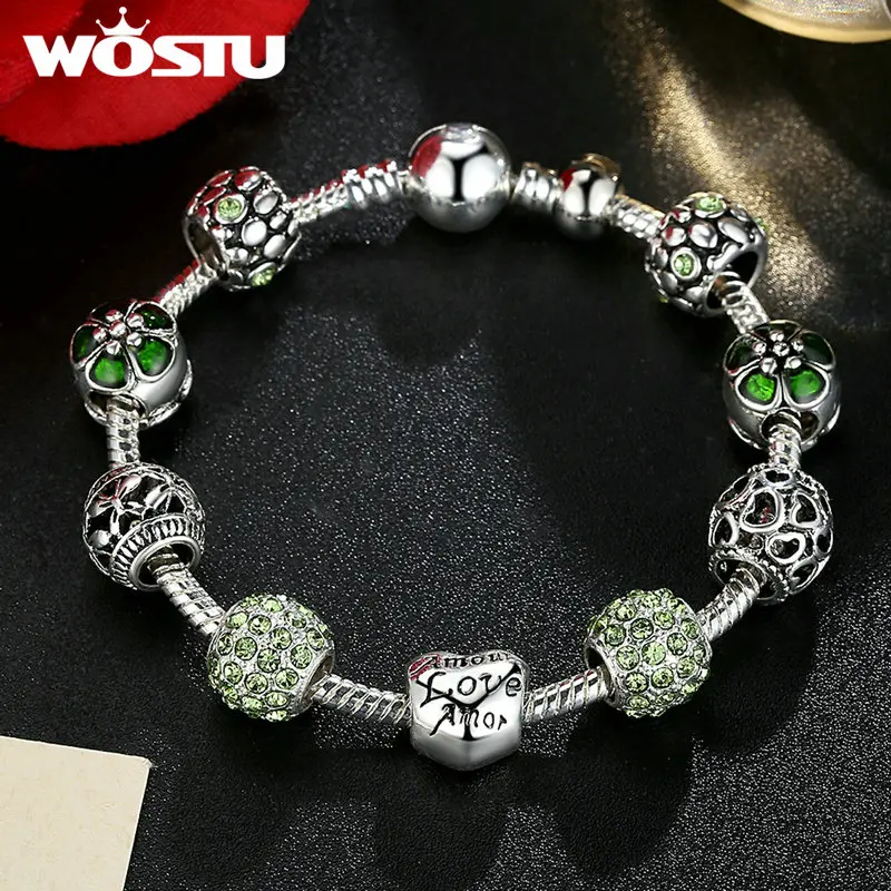 Женский браслет с ажурным сердцем зелеными бусинами|charm bracelet|silver charm braceletbracelets &
