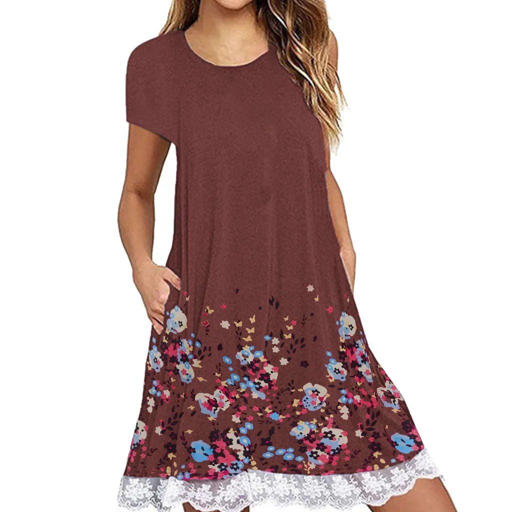 Женское платье с кружевом винтажное Повседневное круглым вырезом и принтом
