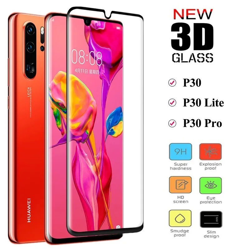 5D закаленное стекло для Huawei P30 Pro Полное покрытие Защитная пленка экрана с защитой