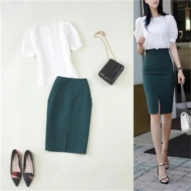 

Women's Fashion skirt suits 2019 summer New Lace white hollow small shirt dark green bag hip pencil skirt suit women