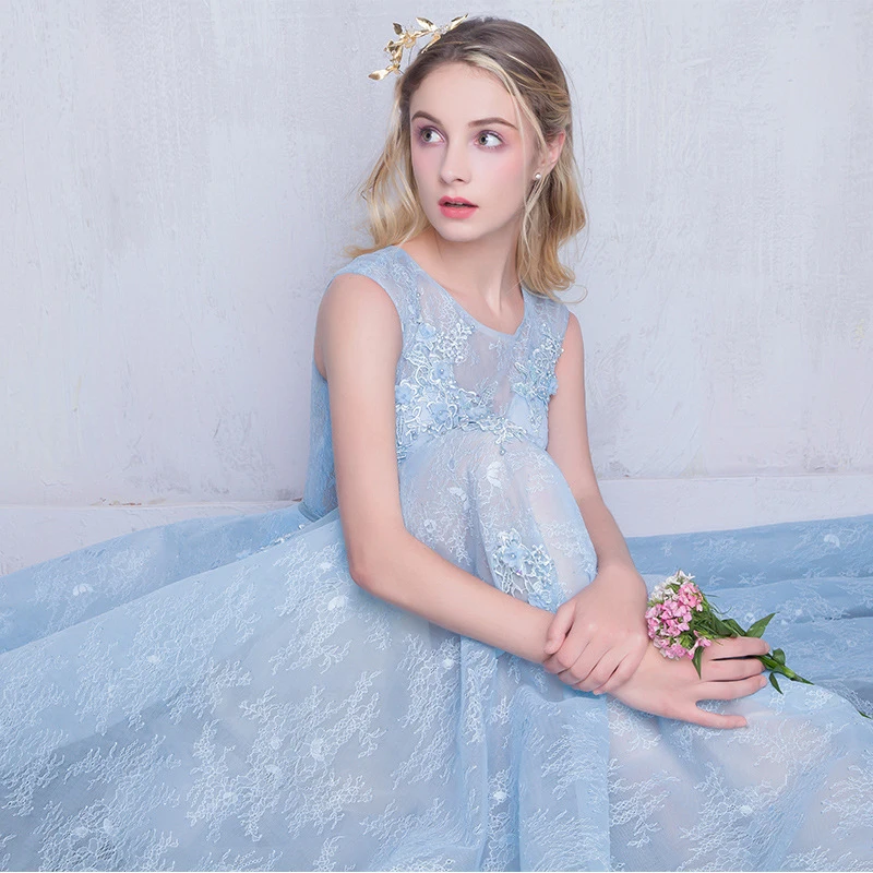 Sweet Baby Blue See Through Бисер кружева Vestidos De Festa Цветочные Аппликации Онлайн платья для