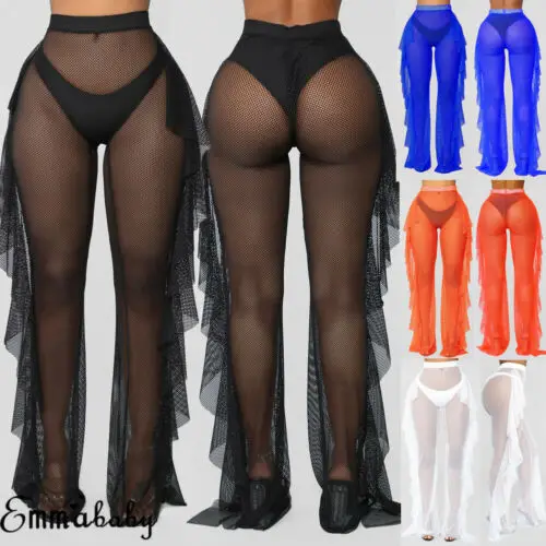 

Women Swimsuit Bikini Cover Up Fishnet Sheer Ruffle Trousers Pant Beach Swimwear