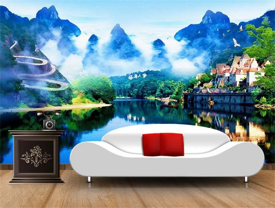 Пользовательские 3d Фото Обои номер Фреска горы зеленая вода пейзаж фото диван ТВ