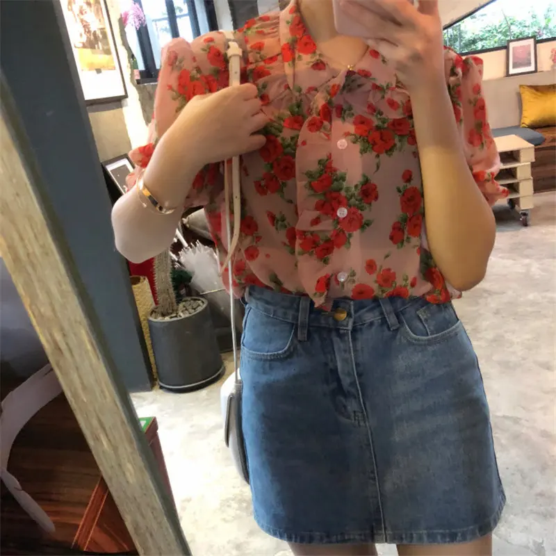 Женская винтажная рубашка HziriP универсальная с коротким рукавом и цветочным