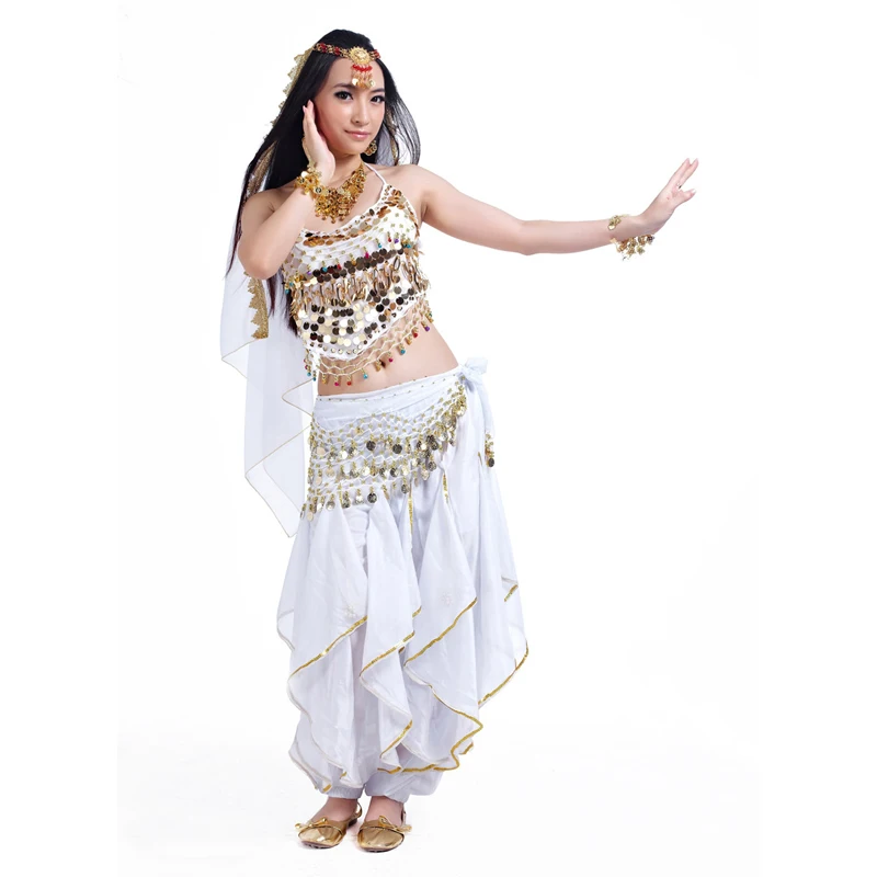Belly Dance Costumes Set beaded bell tank top+sequins rotating pants+coins hip scarf+head chain+head scarf 5pcs full set SF70 |