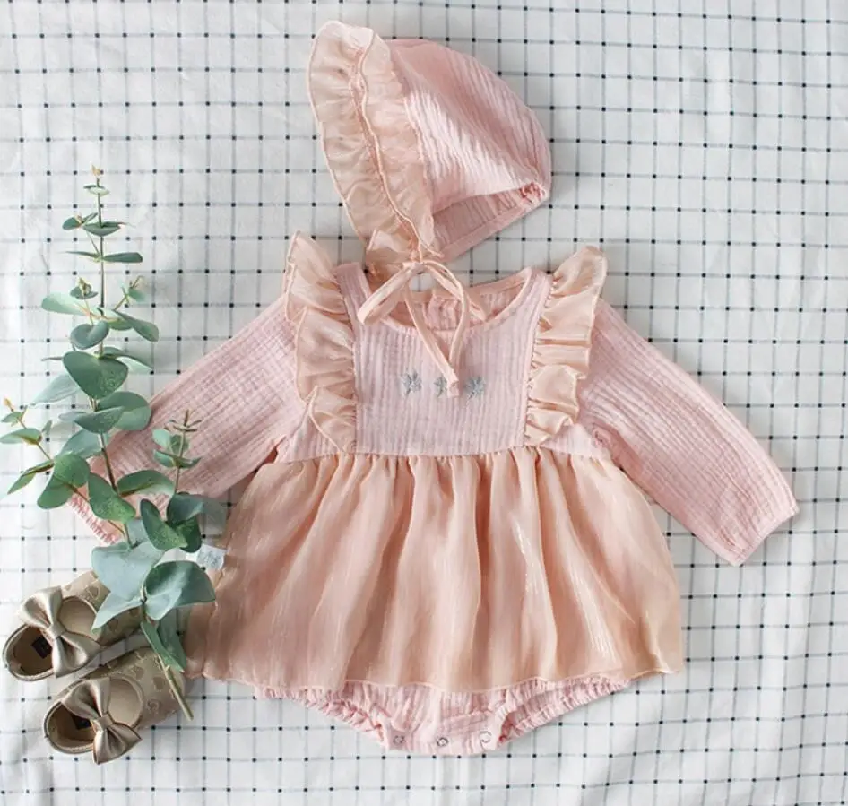 Pink Коллекция года, Детский комбинезон для девочек+ шапочка, 2 предмета, Осенний комбинезон для маленьких девочек, хлопковая кружевная одежда принцессы для девочек милая детская одежда - Цвет: Pink