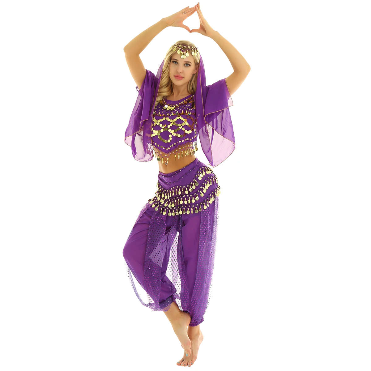 Purple TiaoBug женский костюм для Хэллоуина, карнавала, сценического представления, Египетский костюм для танца живота, индийское платье для танцев, шифоновое сари, набор - Цвет: Purple